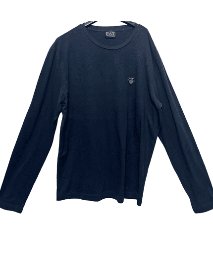 A dark navy long-sleeve shirt with a small embroidered chest emblem.