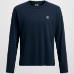 A navy-blue long-sleeve shirt with a small circular chest logo.