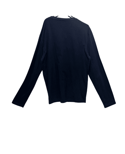 A navy-blue loose-fitting long-sleeve top displayed on a hanger.