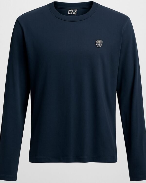 A navy-blue long-sleeve shirt with a small circular chest logo.